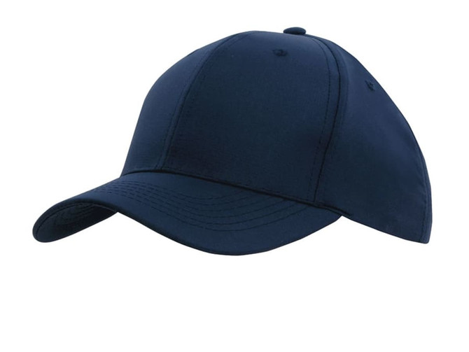 A navy blue cap with a curved brim and stitching details, featuring a logo on the front.