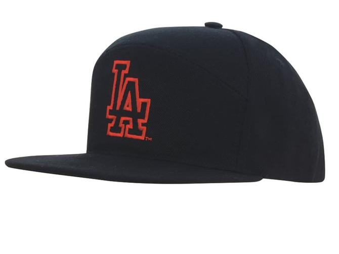 A black A-frame cap with an embroidered logo in red. It features a flat brim and a structured design.