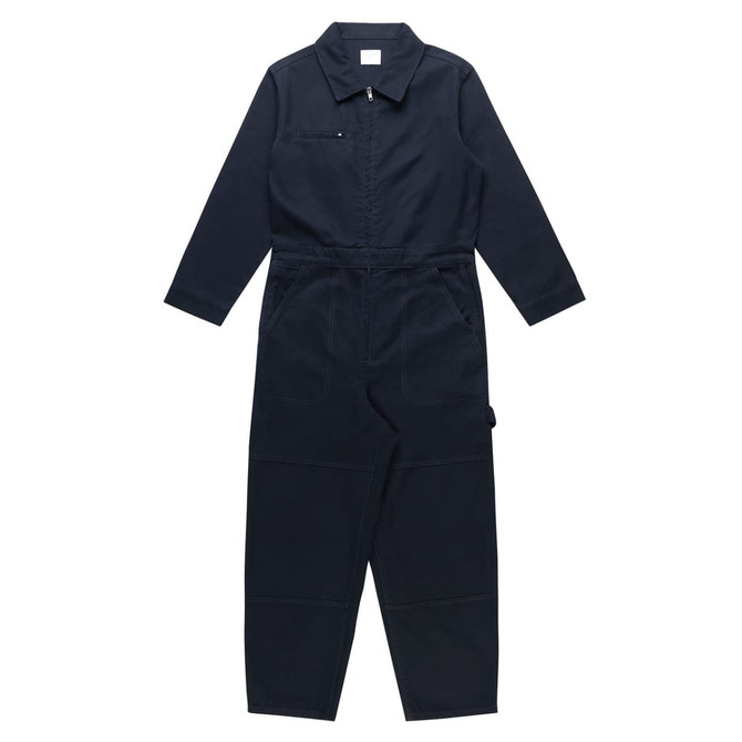 A pair of navy blue canvas coveralls featuring a collar, zip front, and a pocket. The garment has a logo.
