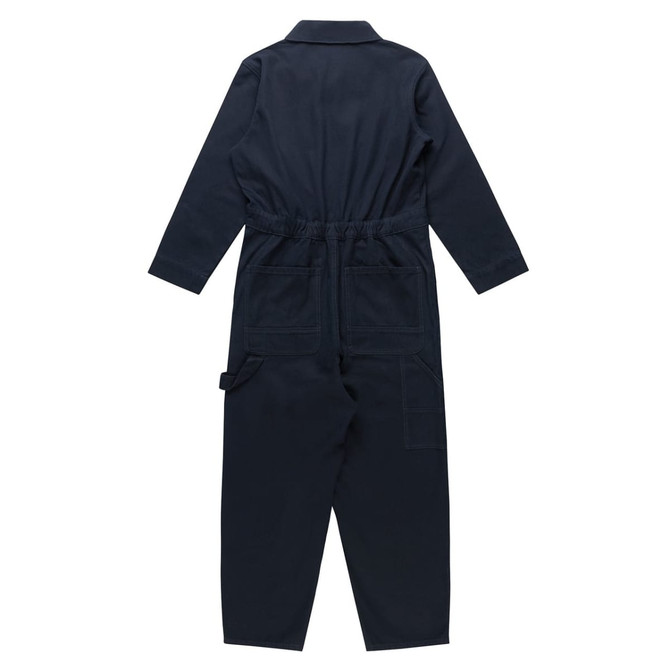 A dark navy canvas coverall with long sleeves, featuring an elastic waist and multiple pockets.