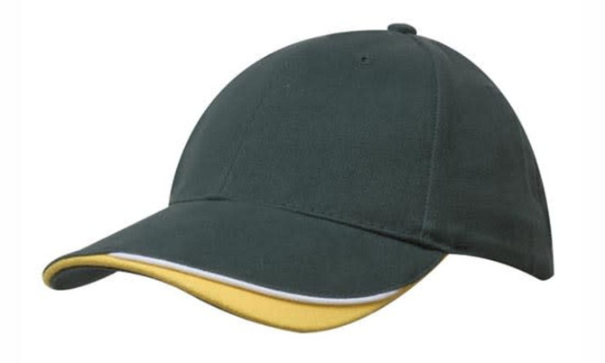 A dark green cap with an indented peak and a yellow underside, featuring a logo.