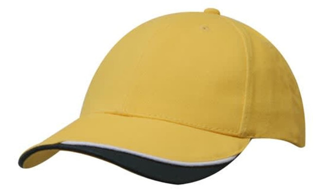 A yellow cap with an indented peak and a contrasting dark green trim. It includes a logo on the front.