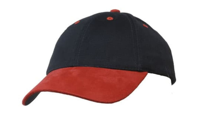 A brushed heavy cotton cap featuring a navy body and a red suede peak, with ventilation eyelets and a logo.