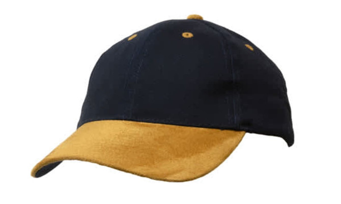A navy cap with a suede peak in a tan colour, featuring stitching and ventilation holes. It includes a logo.