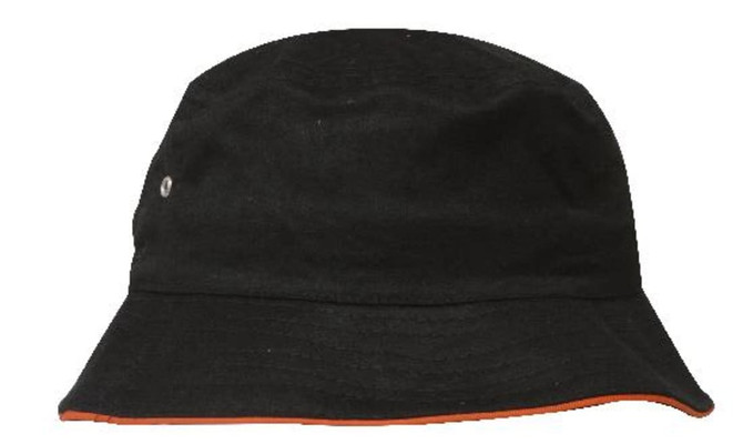 A black bucket hat with an orange trim and a small logo on the side.
