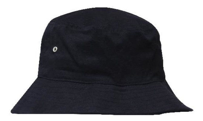 A black brushed sports twill bucket hat featuring a simple logo on the side.