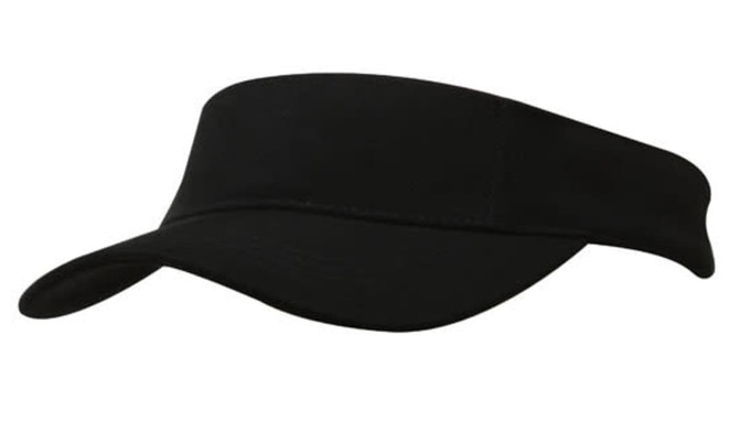 A black brushed heavy cotton visor with a curved brim and adjustable strap at the back. Features a logo.