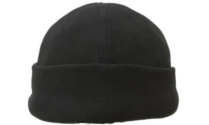 A black micro fleece beanie with a foldable cuff design, featuring a logo on the front.