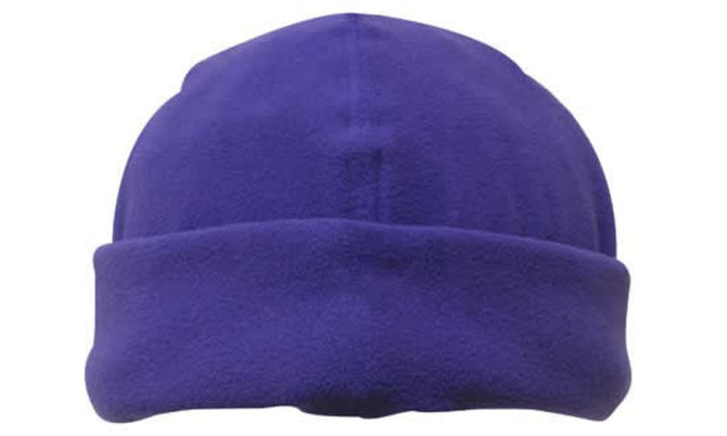 A purple micro fleece beanie with a rolled hem and smooth finish. It features a logo on one side.