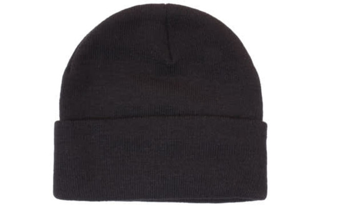 A black acrylic beanie with a folded cuff. It features a simple design and has a logo on the side.