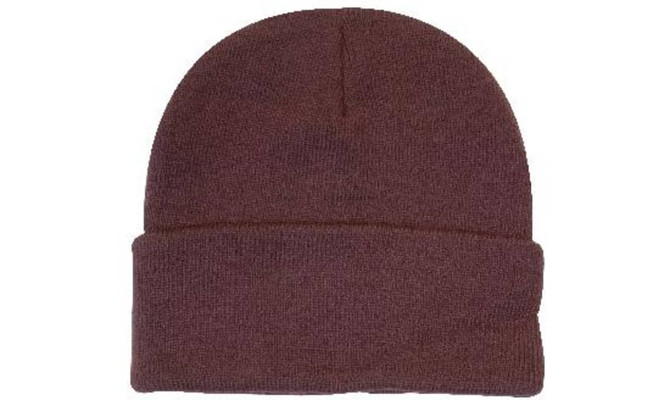 Acrylic beanie in a rich brown colour, featuring a folded cuff and a seamless design. It has a logo present.
