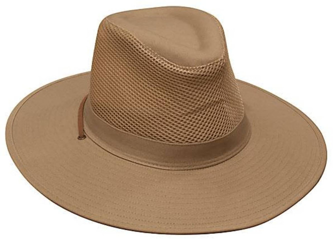 A tan collapsible cotton twill and soft mesh hat with a wide brim and a textured design, featuring a logo.