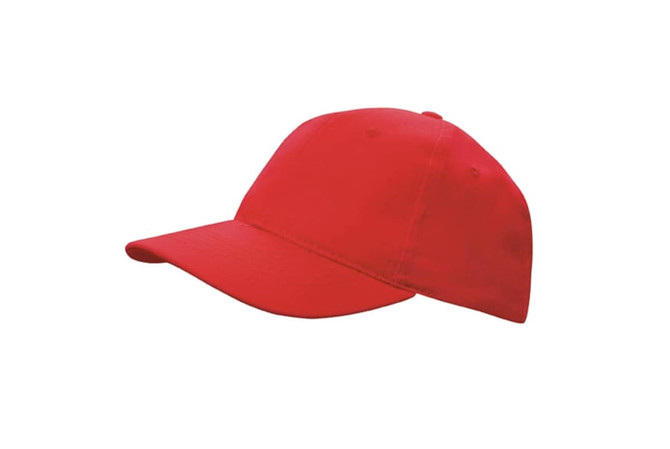 A red cap made of brushed cotton with a curved brim and a logo on the front.