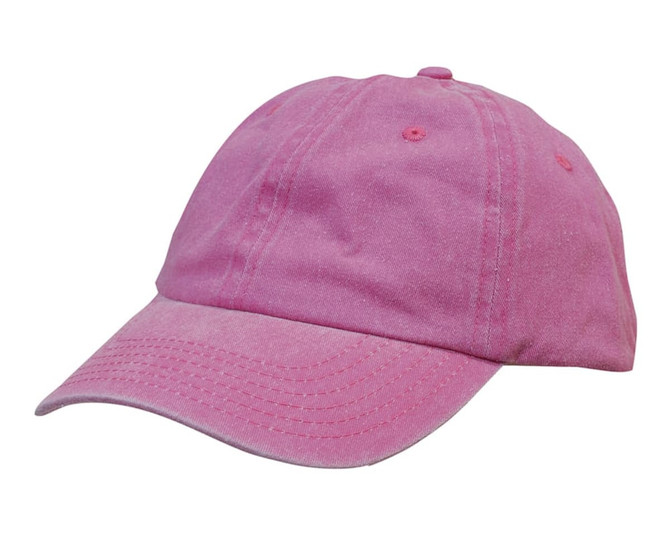 A pink enzyme washed pigment dyed cotton twill cap, featuring a curved brim and an adjustable strap at the back.
