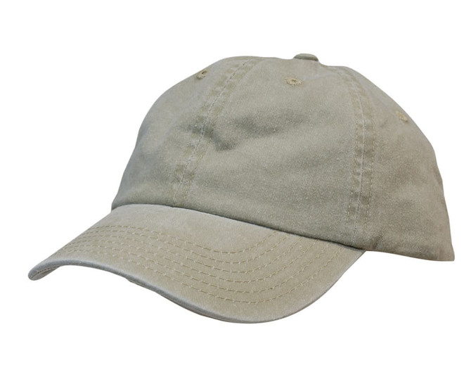 A beige enzyme washed pigment dyed cotton twill cap with a stitched brim and a logo on the front.