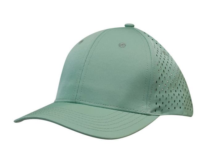 A green sports twill cap featuring tear drop perforations and a logo.
