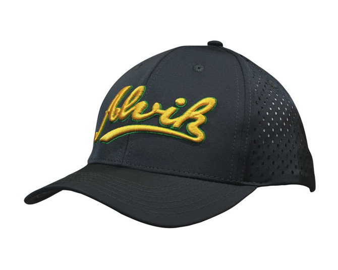 A dark cap with a yellow logo and tear drop perforations on the sides.