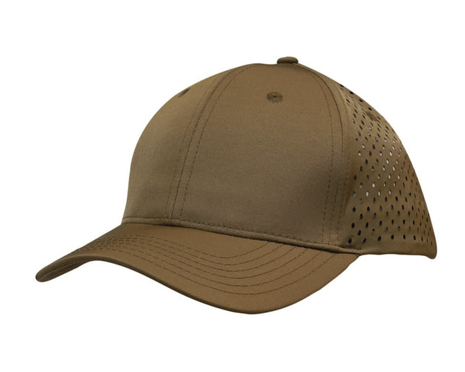 A brown cap with tear drop perforations on the sides and a curved brim, featuring a logo on the front.