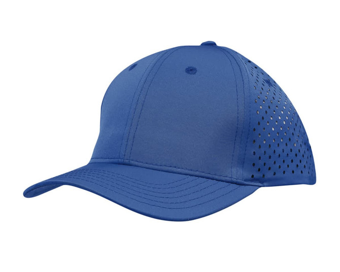 A blue cap with tear drop perforations and a logo on the side. Ideal for sport or casual wear.