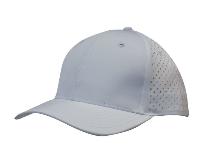 A white cap featuring tear drop perforations and a logo, designed for sports and outdoor activities.