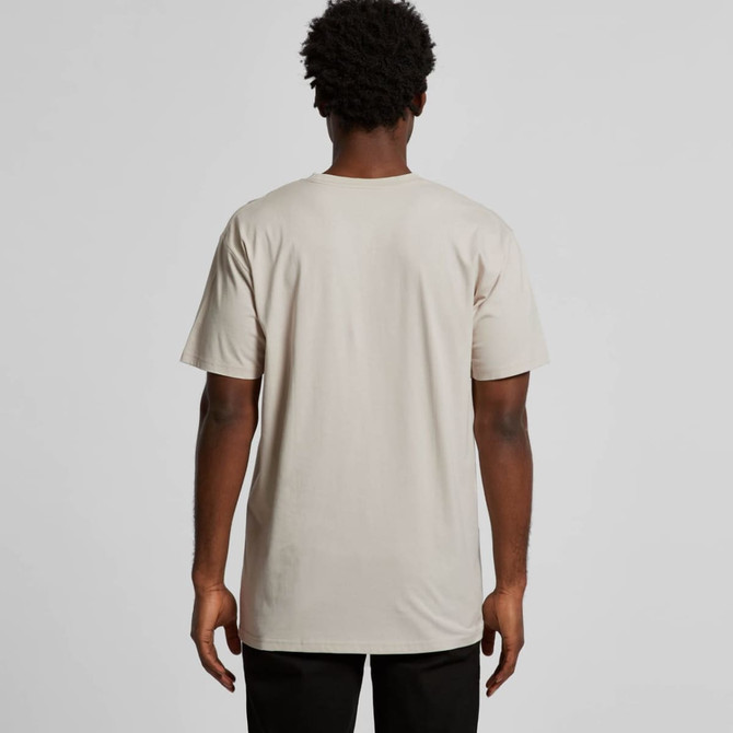 A beige T-shirt viewed from the back, featuring short sleeves and a regular fit. It has a logo visible on the back.