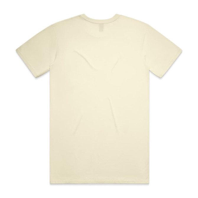 A plain cream T-shirt with short sleeves and a round neckline, featuring a logo on the back.