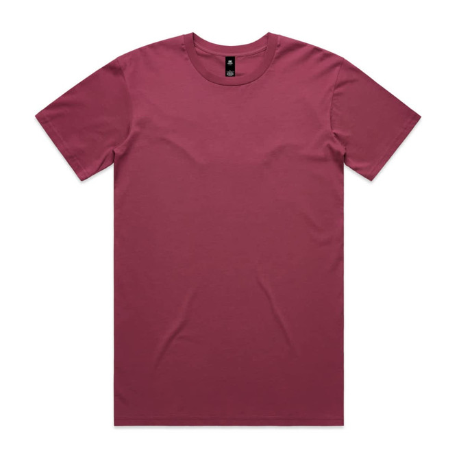 A maroon T-shirt with a round neck and short sleeves, featuring a logo in the neckline area.
