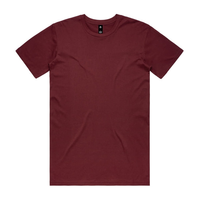 A maroon T-shirt with short sleeves and a round neckline, featuring a logo on the inside label.