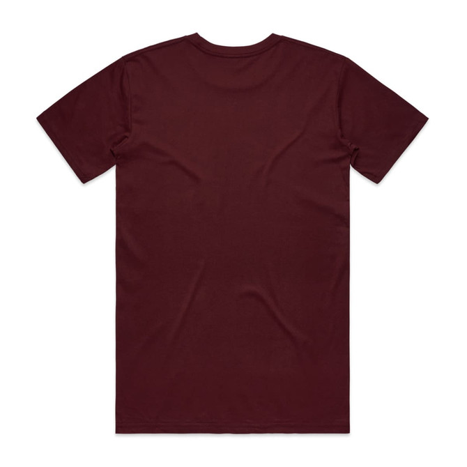 A maroon T-shirt with a plain back and a logo on the neck area. Ideal for casual wear.