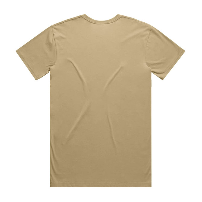 A plain beige T-shirt with a crew neck and short sleeves, featuring a logo on the back.