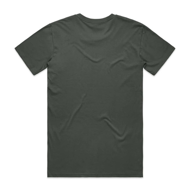 A plain dark green T-shirt with a standard crew neck and short sleeves, featuring a logo on the back.