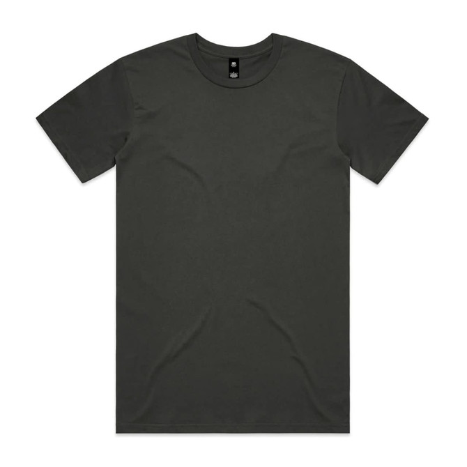 A plain dark grey t-shirt featuring a round neckline and short sleeves, with a logo on the label.