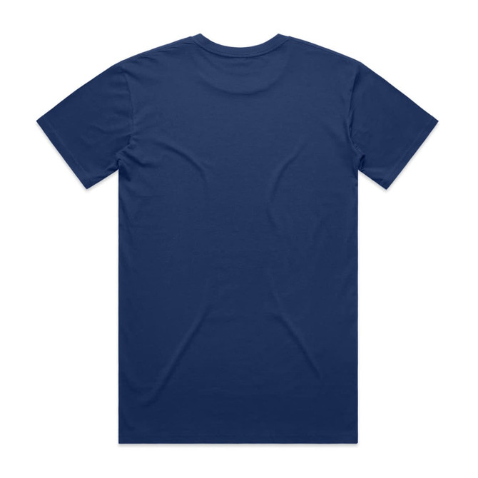 A navy blue T-shirt featuring a plain back design and a small logo on the neck area.