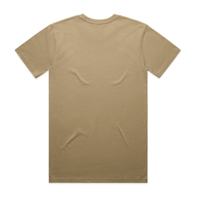 A plain beige t-shirt viewed from the back, featuring a standard crew neck and no visible branding.