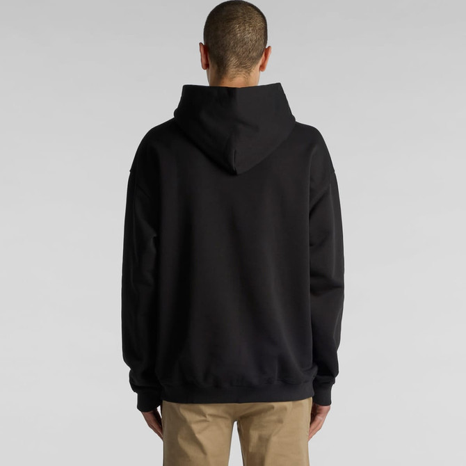 A black hoodie with a large hood, featuring a branding logo, viewed from the back.