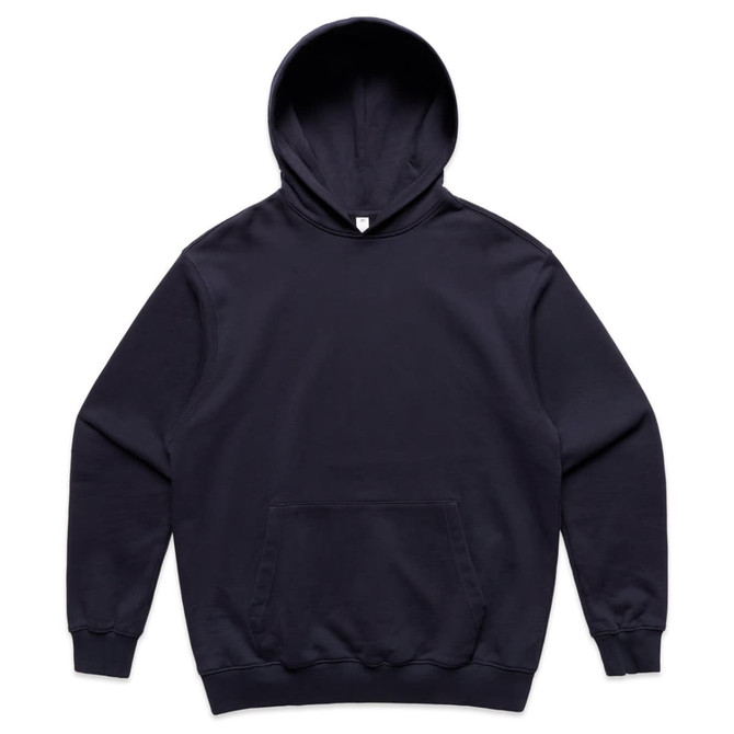 A navy blue hoodie with a front pocket and a large hood, featuring a logo on the front.