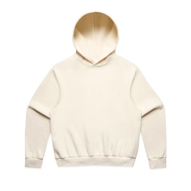 A cream hoodie with a spacious hood and relaxed fit, featuring a ribbed waistband and cuffs. Includes a logo.