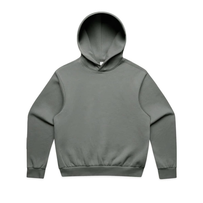 A grey hoodie with a hood, featuring long sleeves and a ribbed hem. It has a logo on the front.