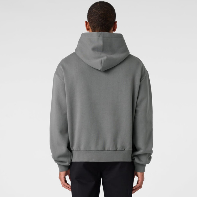 A hooded jumper in grey viewed from the back, featuring a relaxed fit and a logo at the back.