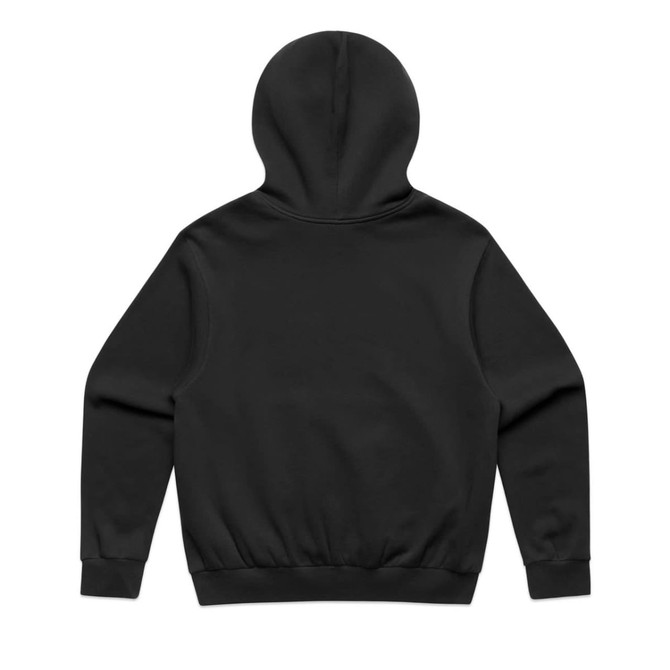 A black hoodie with a kangaroo pocket, featuring a plain back and a comfortable fit. It has a logo on it.