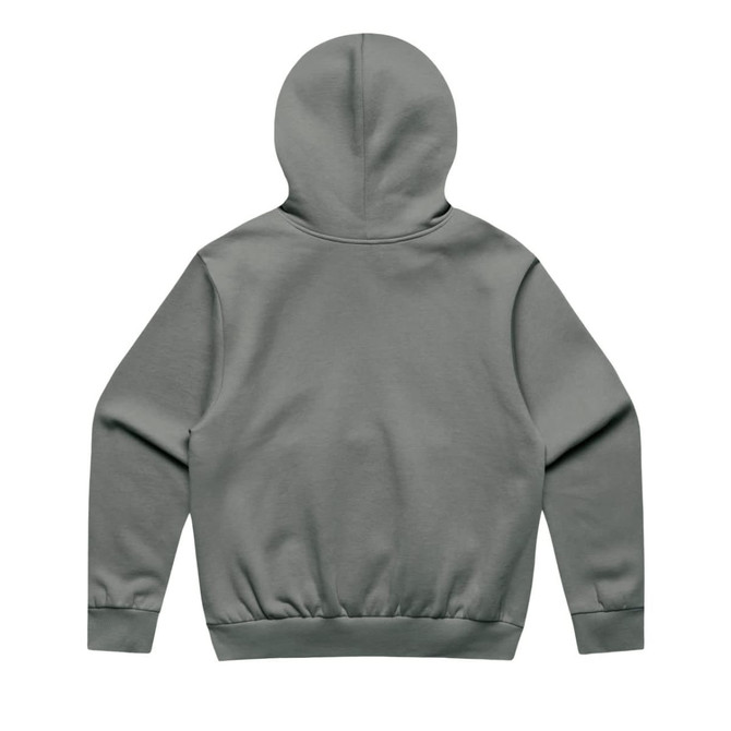 A grey hoodie with a hood and ribbed cuffs, featuring a plain design and a logo on the back.