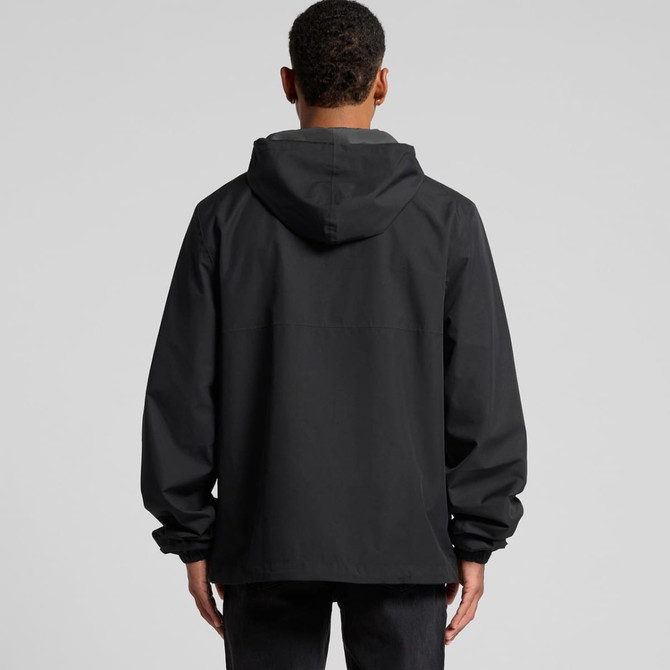 A black Tech Windbreaker jacket featuring a hood and a relaxed fit, showcasing a simple design from the back.