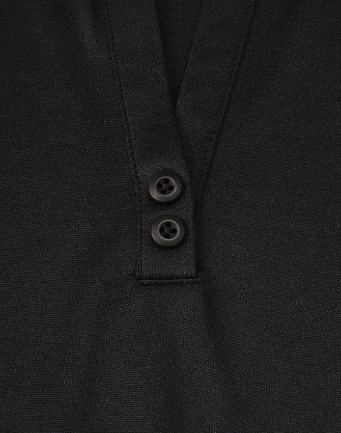 A black polo shirt featuring a V-neck and two buttons, made from sustainable poly/cotton material.