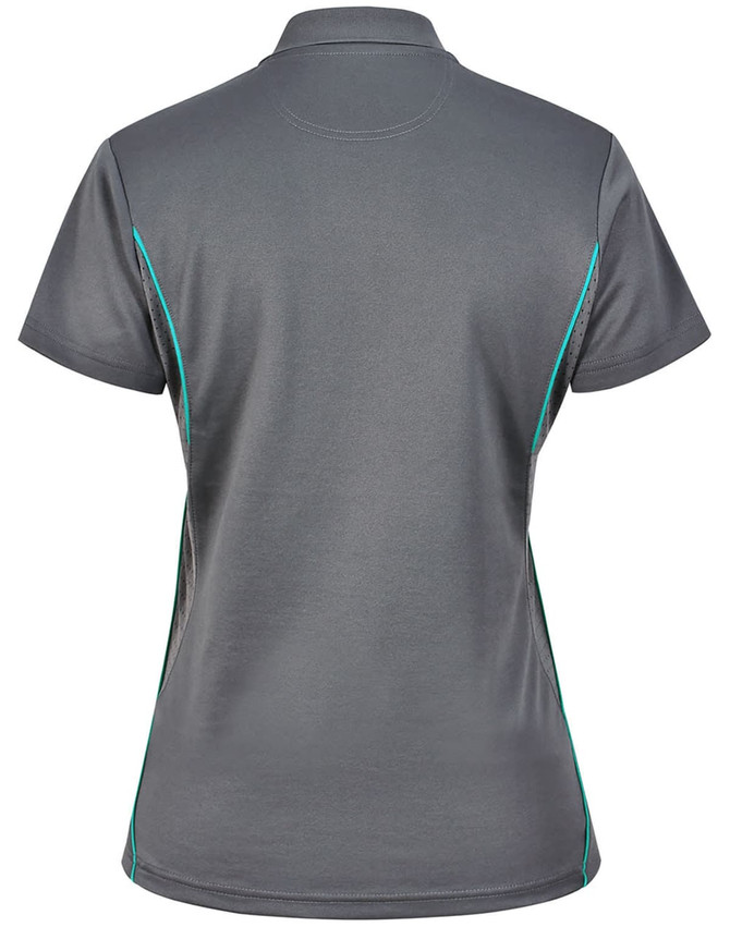 A grey ladies' polo shirt with contrasting teal side accents and a collar. It features a logo on the design.