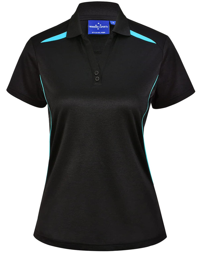 A black women's polo shirt featuring teal contrast accents and a logo on the collar.