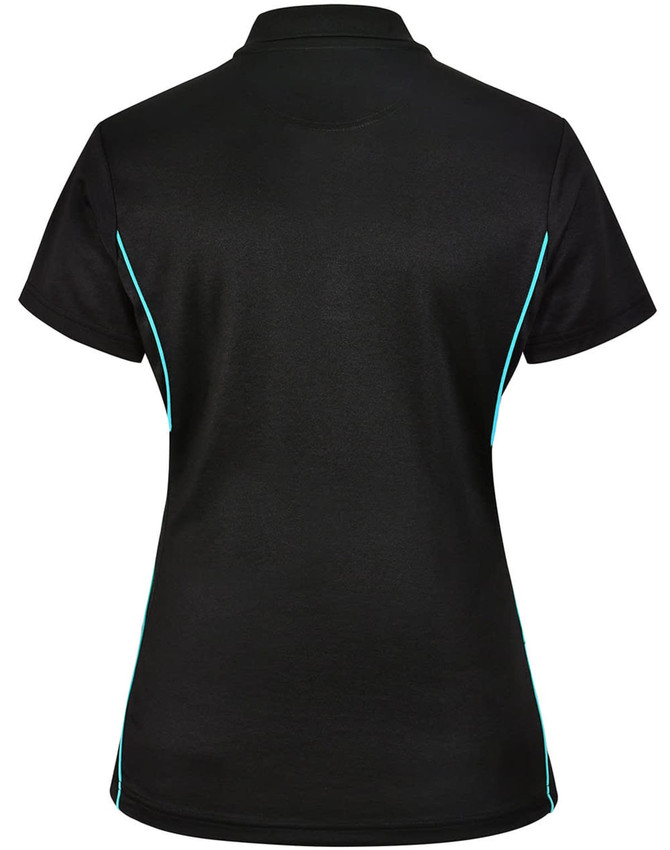 A black ladies' polo shirt featuring contrast turquoise detailing and a logo.