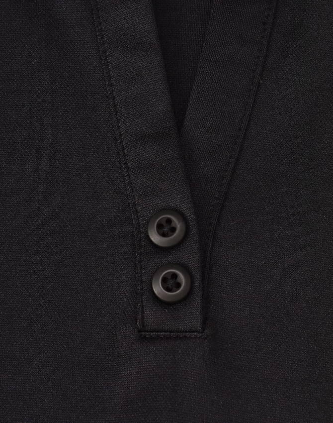 A black short-sleeve polo shirt featuring a placket with two buttons and a logo.