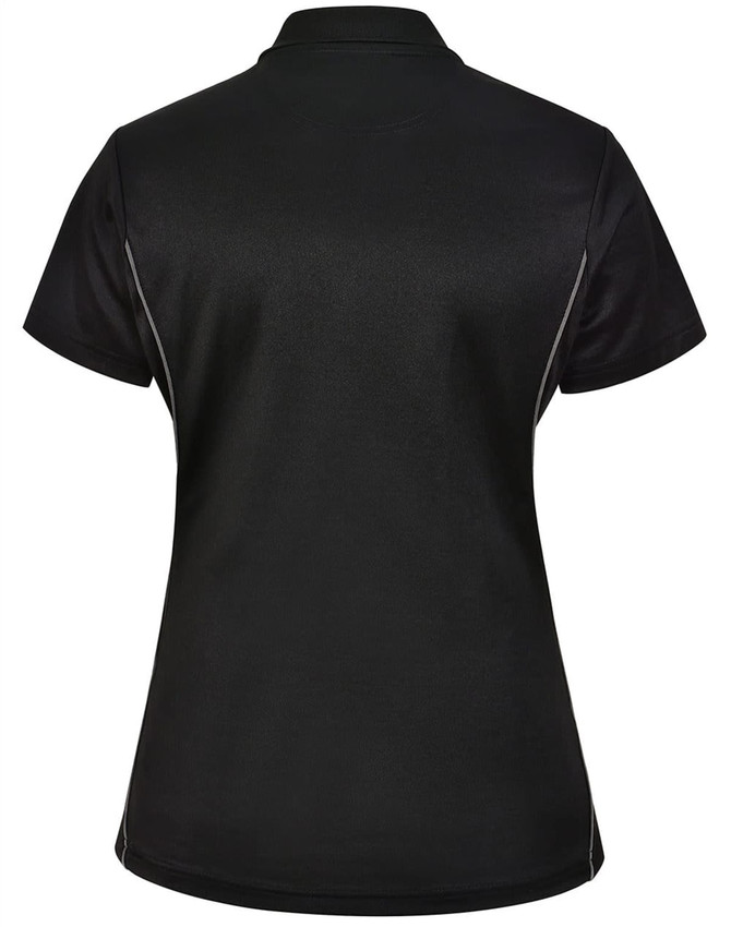 A black ladies' polo shirt with contrast piping, featuring a logo on the back. Made from sustainable poly/cotton.