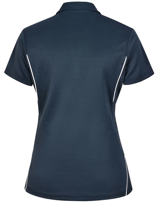 A navy blue ladies' polo shirt features short sleeves and white contrast piping on the sides. It has a logo on the chest.