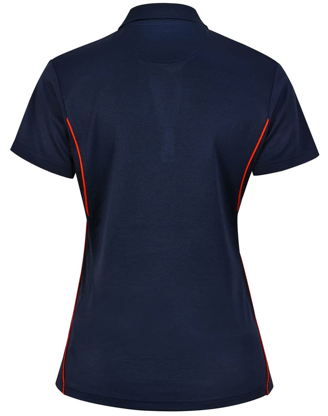 A navy blue polo shirt featuring contrast orange detailing and a logo on the back.